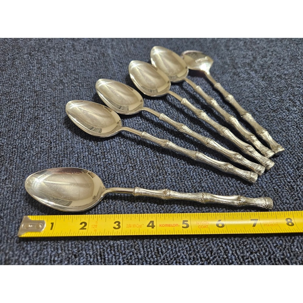 Oxford Hall JADE Soup Spoon Textured Bamboo Cane Stainless Flatware Set Of 6 - Picture 8 of 9